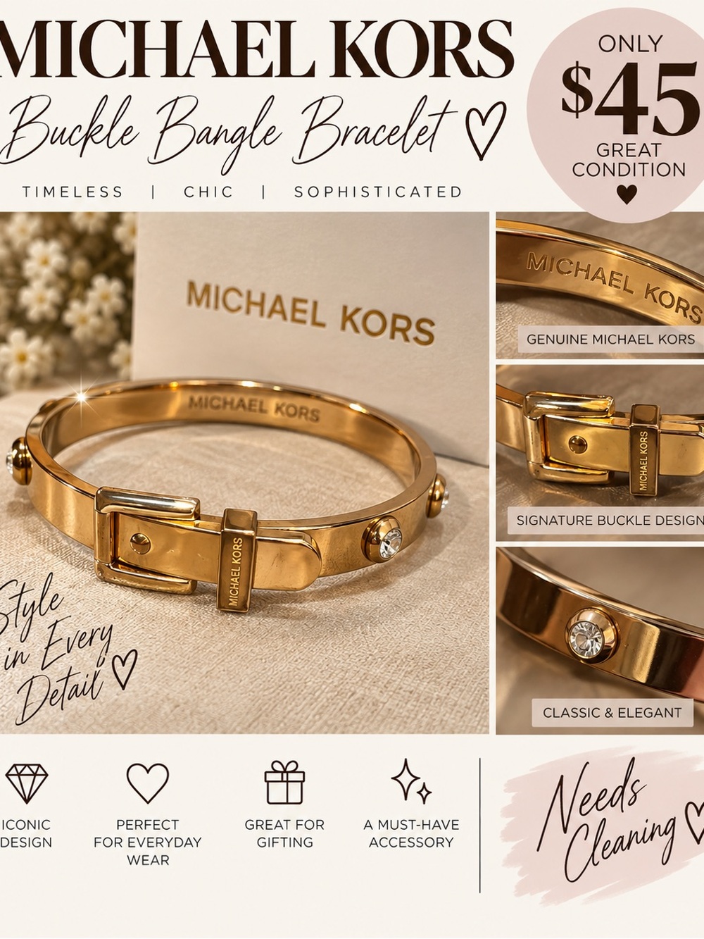 Michael Kors Gold Buckle Bracelet with Crystal Accents